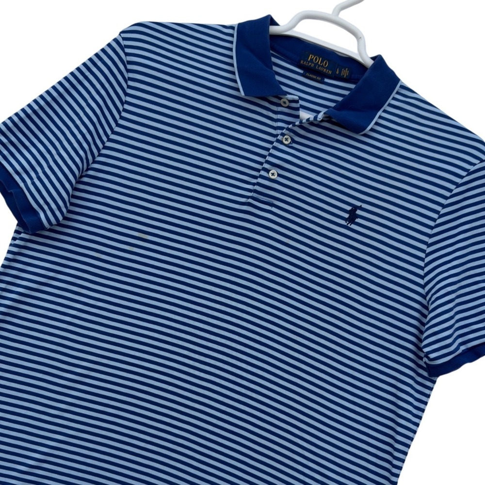 Polo Ralph Lauren Pique Polo‎ Shirt Mens L Blue Striped Classic Fit Short Sleeve